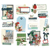 Collection of vintage-style winter-themed cards and decorations on a white background