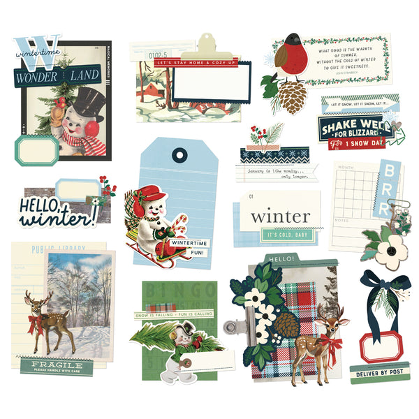Collection of vintage-style winter-themed cards and decorations on a white background