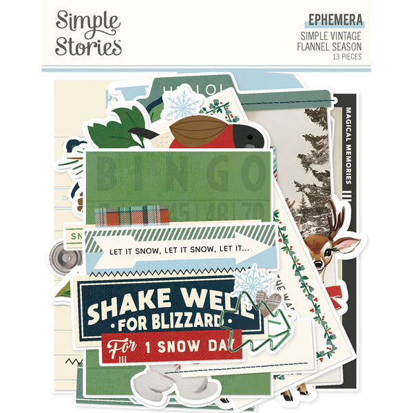 Collection of winter-themed ephemera with text and graphics on a white background
