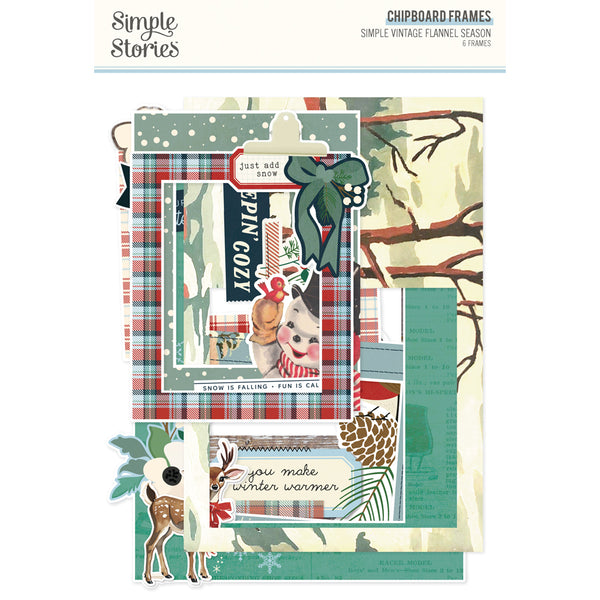 Set of chipboard frames with winter-themed designs on a white background
