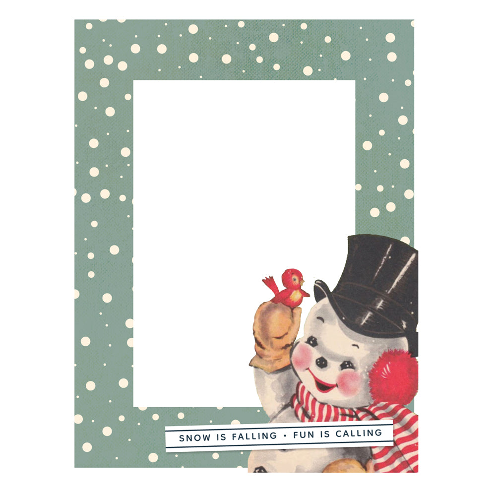 Vintage-style greeting card with a snowman and robin design on a polka dot border.