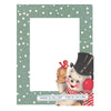 Vintage-style greeting card with a snowman and robin design on a polka dot border.