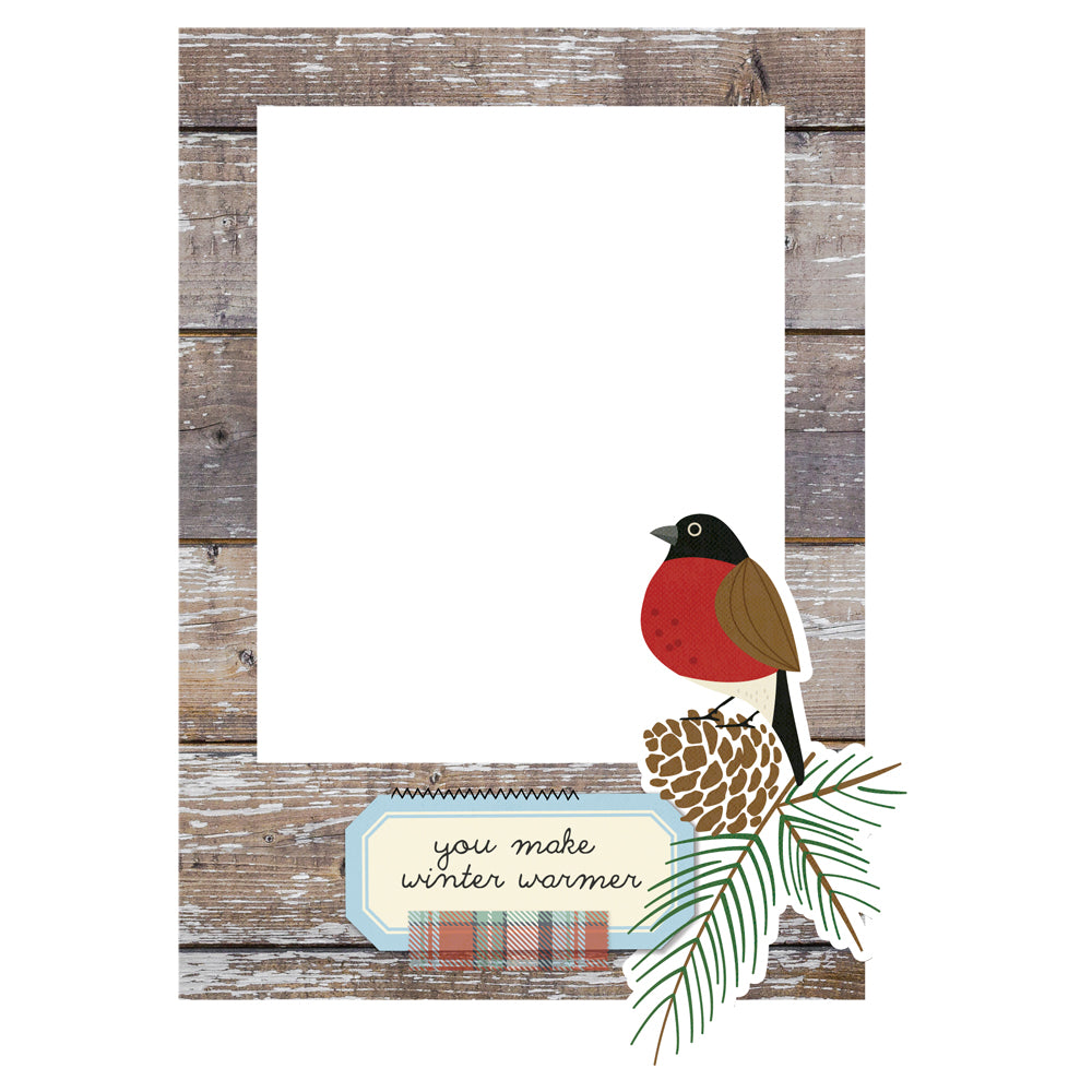 Card with a bird, pine cone, and text on a wooden frame background