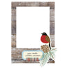 Card with a bird, pine cone, and text on a wooden frame background