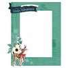Christmas-themed card with deer and snowflakes on a green background
