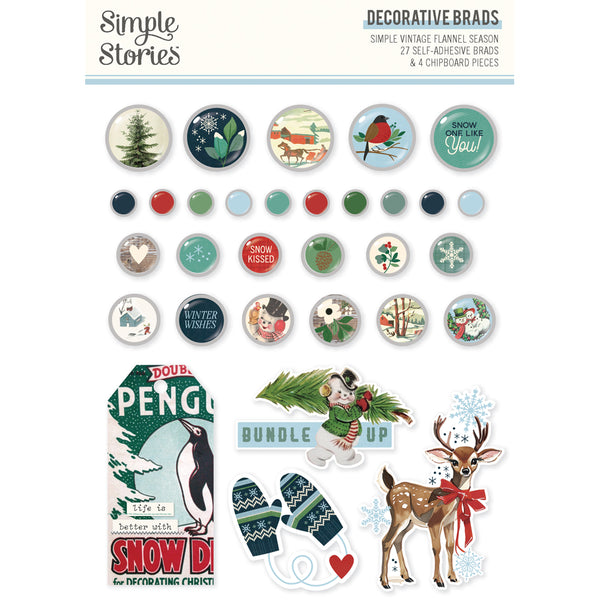 Simple Stories VINTAGE FLANNEL SEASON Decorative Brads 27 pcs + 4 Chipboard pcs #25324