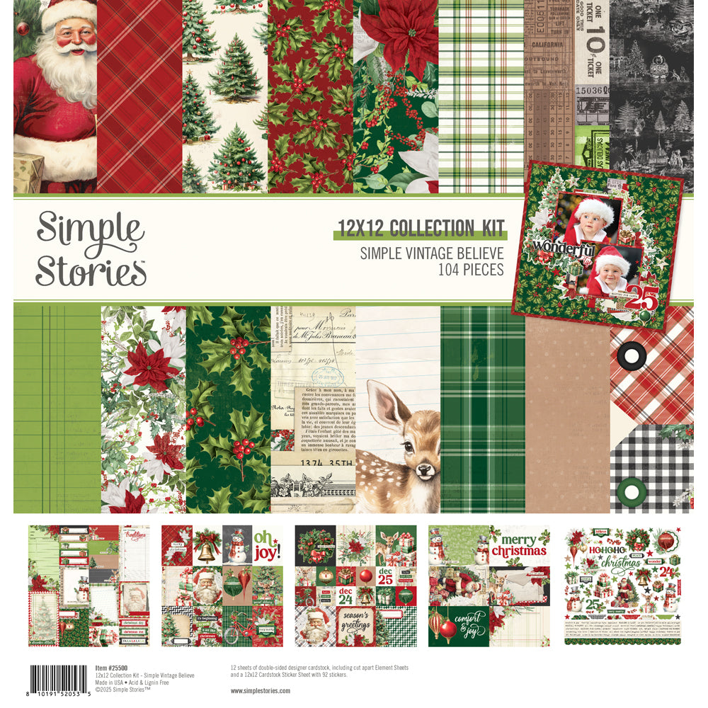 Collection of Christmas-themed paper sheets with Santa Claus, reindeer, and festive designs on a white background.