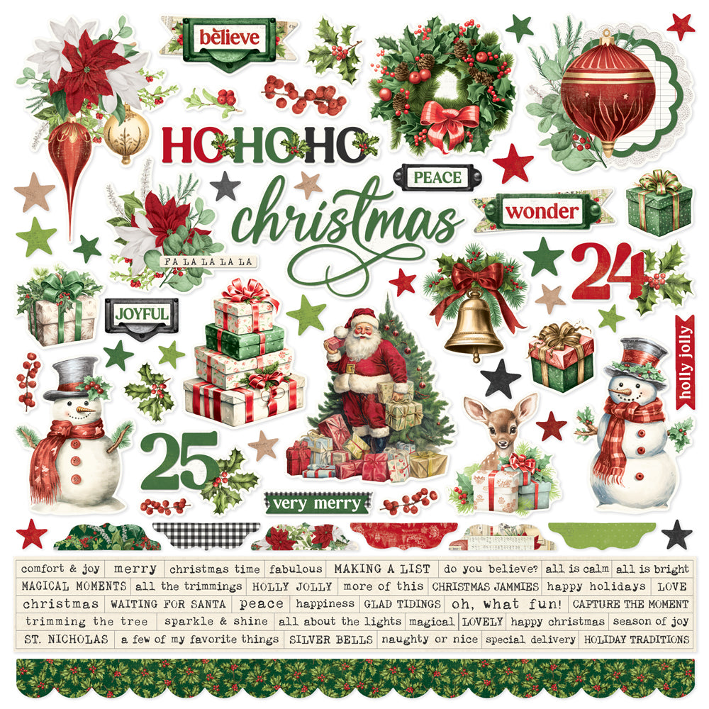 Collection of Christmas-themed stickers with Santa Claus, reindeer, and festive elements.