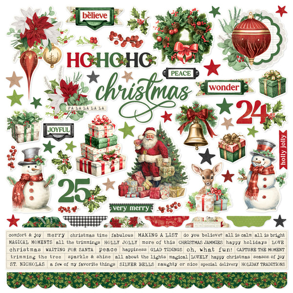 Collection of Christmas-themed stickers with Santa Claus, reindeer, and festive elements.