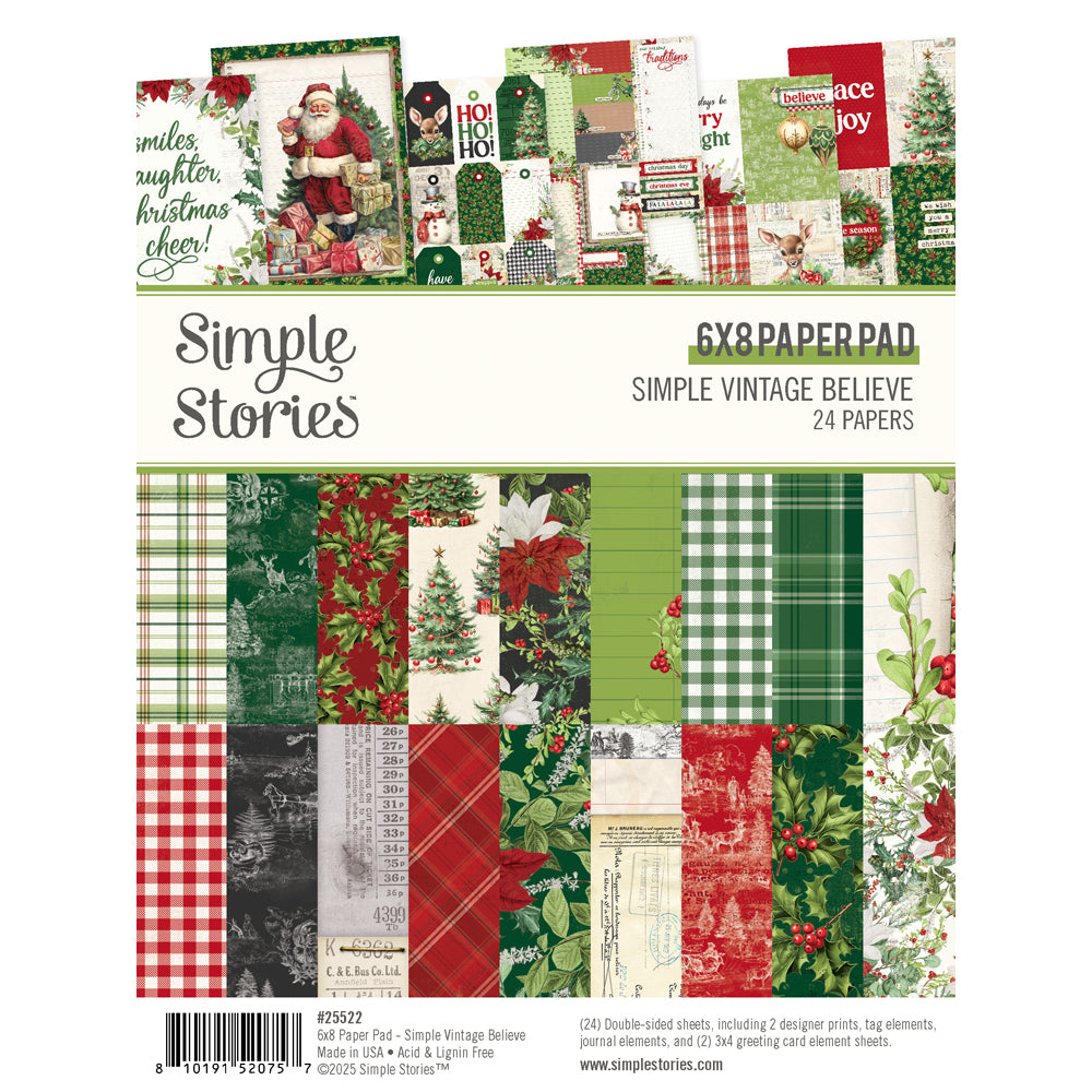 Packaging of Simple Stories Christmas-themed paper pad with various patterns and designs.
