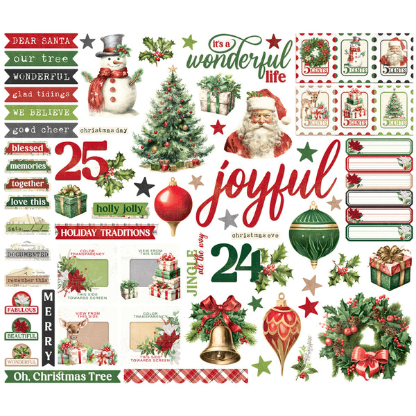 Collection of Christmas-themed decorative elements including Santa Claus, trees, and ornaments on a white background.