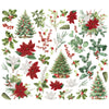 Collection of Christmas-themed elements including trees, poinsettias, and holly on a white background.