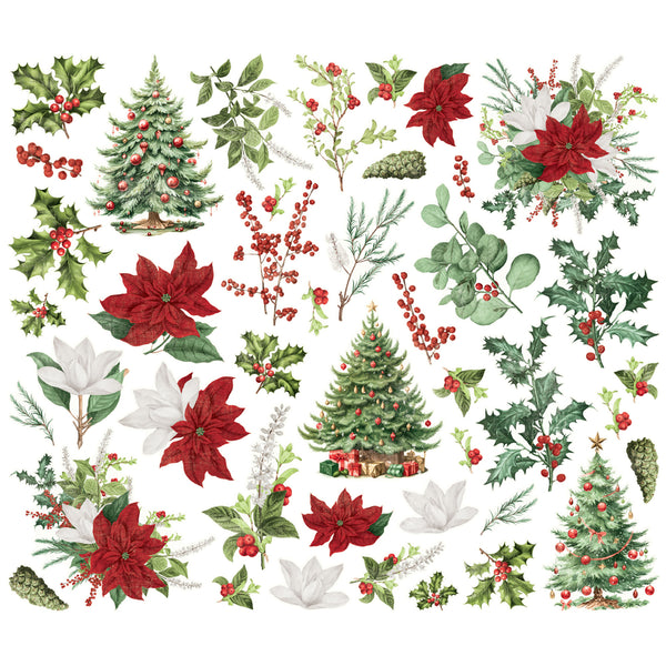 Collection of Christmas-themed elements including trees, poinsettias, and holly on a white background.