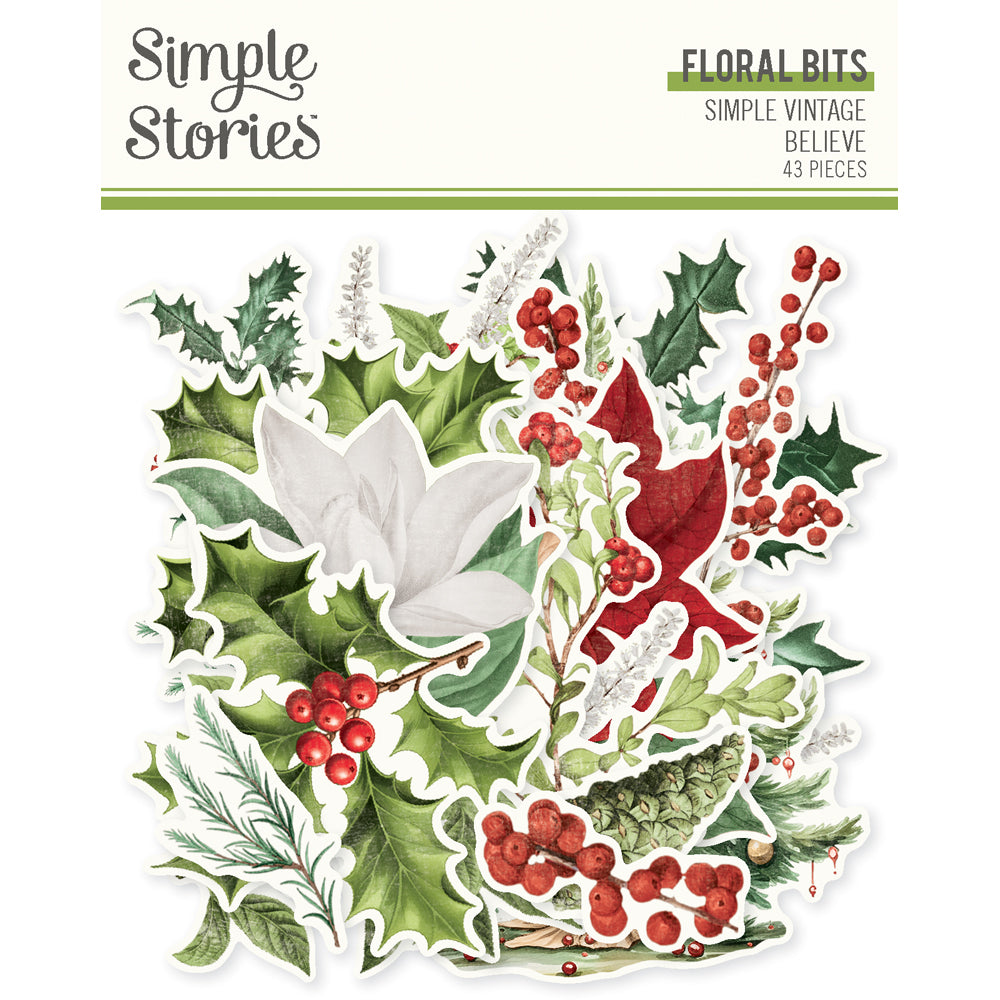 Decorative stickers with floral and leaf designs on a white background, featuring the brand 'Simple Stories'.