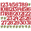 Red Christmas-themed numbers with holly leaves on a white background