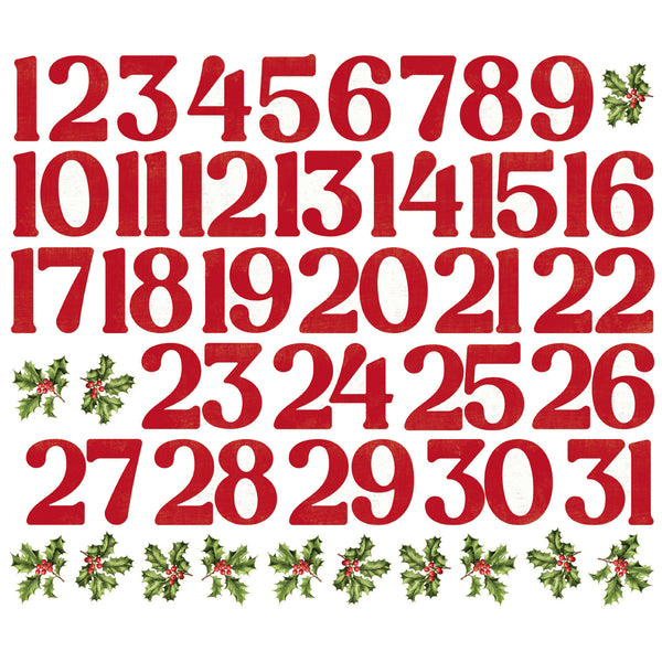 Red Christmas-themed numbers with holly leaves on a white background