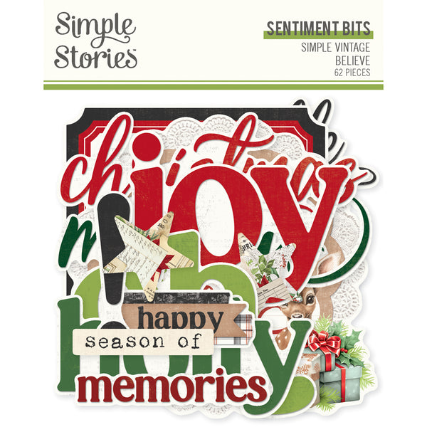 Simple Stories Vintage BELIEVE Christmas Sentiment Bits & Pieces EPHEMERA 62 pcs #25528