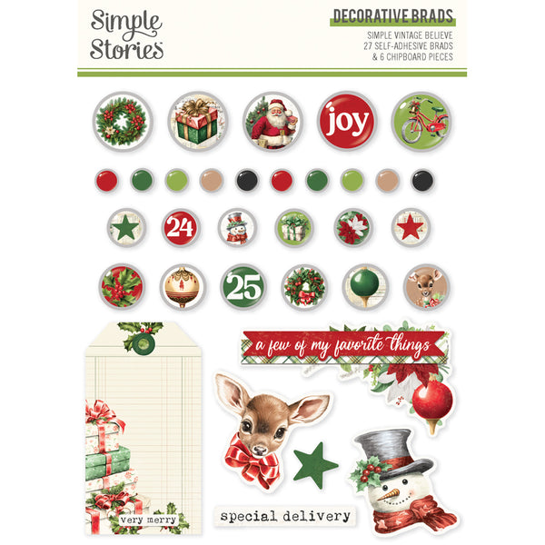 Simple Stories VINTAGE BELIEVE CHRISTMAS Decorative Brads 27 pcs + 6 Chipboard pcs #25534