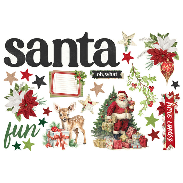 Decorative Christmas-themed collage with Santa Claus, reindeer, and festive elements on a white background.