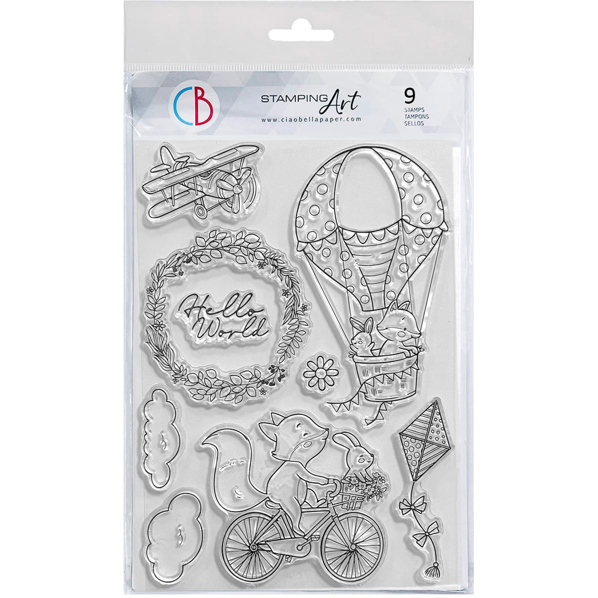 Clear stamp set with various designs including a hot air balloon, airplane, and bicycle, on a white background.