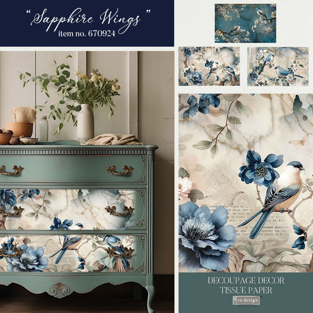 ReDesign with Prima SAPPHIRE WINGS Decoupage Decor Tissue Paper 3 sheets 19.5