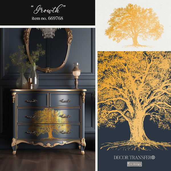 Re-design with Prima Kacha Gold Foil GROWTH Tree Decor Transfer 18"x24" #669768