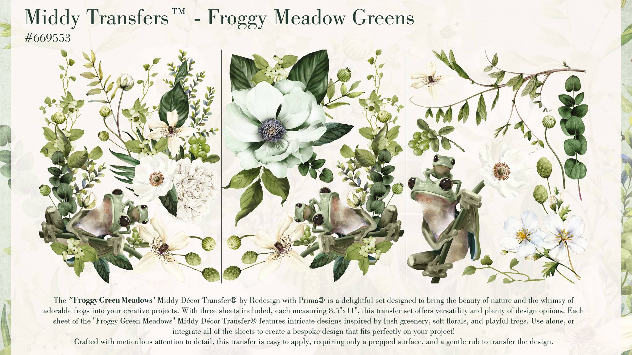 re-design with Prima FROGGY MEADOW GREENS 8.5 x 11 Middy Decor Transfers 3 sheets #669553