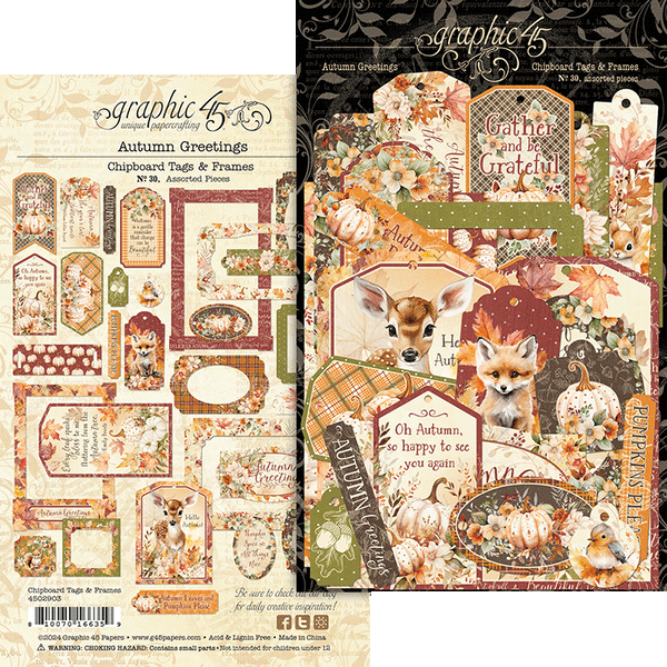 G45 Graphic 45 AUTUMN GREETINGS Chipboard Tags & Frames #4502903