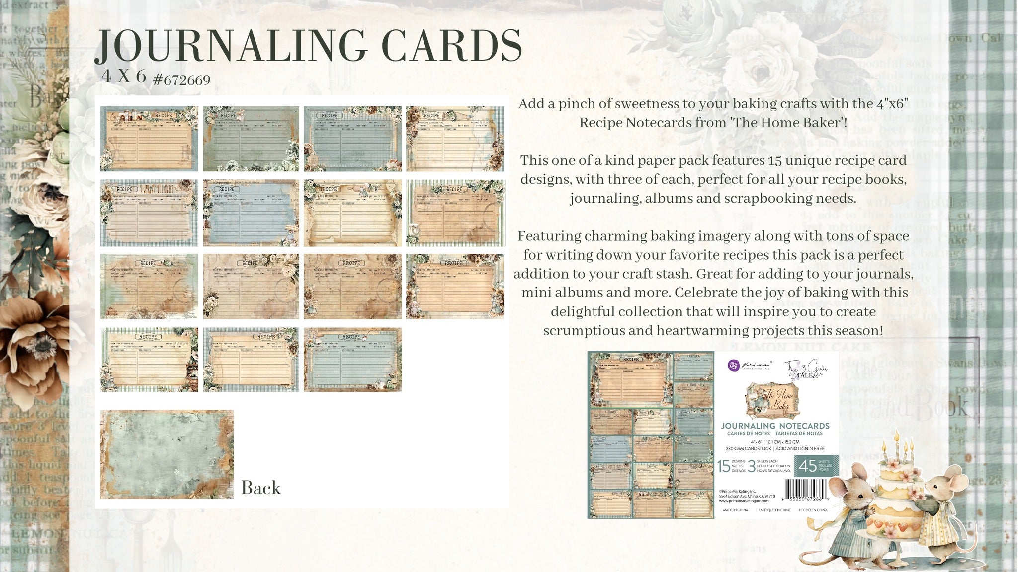 Prima THE HOME BAKER Collection Recipe Cards4X6 Journaling Notecards #672669