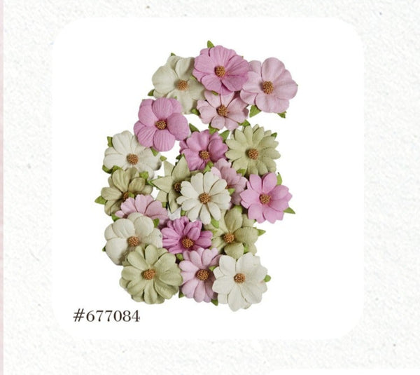 A collection of artificial flowers in various shades of pink, green, white, and beige with beaded centers.