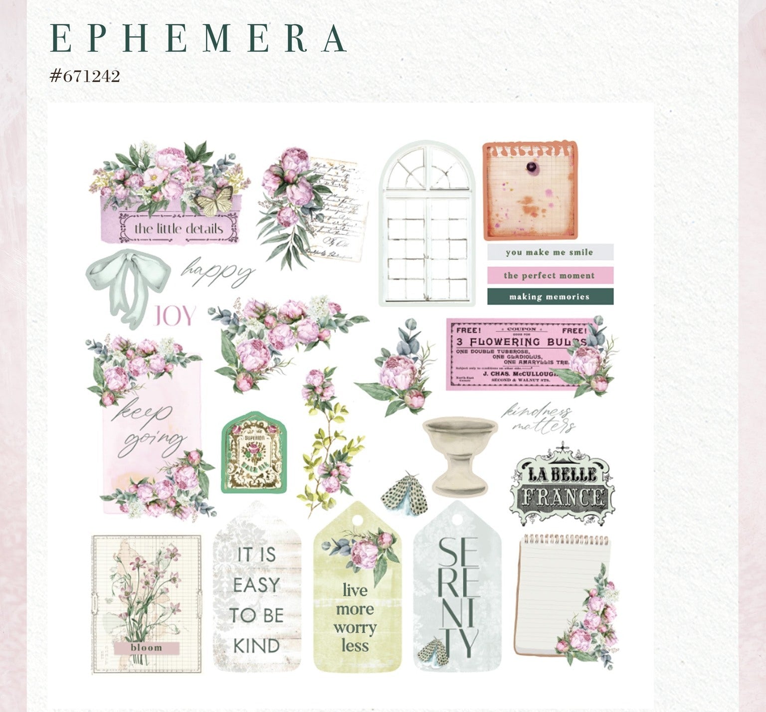 Prima SERENE PETALS Collection GARDEN Tags Ephemera 50 pcs #671242