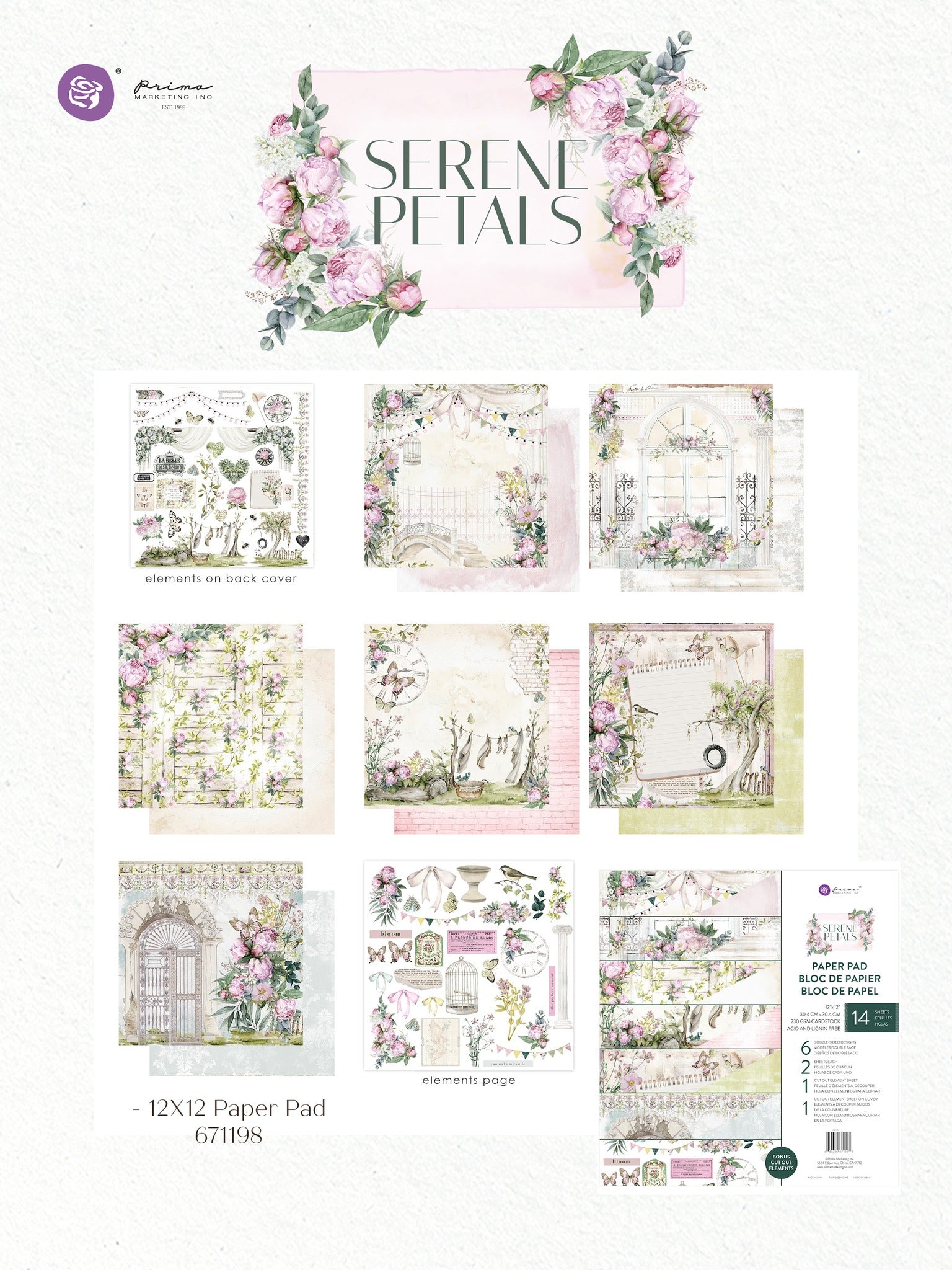 Prima SERENE PETALS Collection 12x12 Paper Pad 14 Sheets #671198