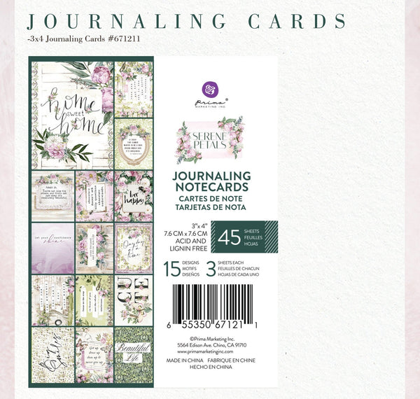 Prima SERENE PETALS Collection 3x4  Journaling Notecards 45 sheets #671211