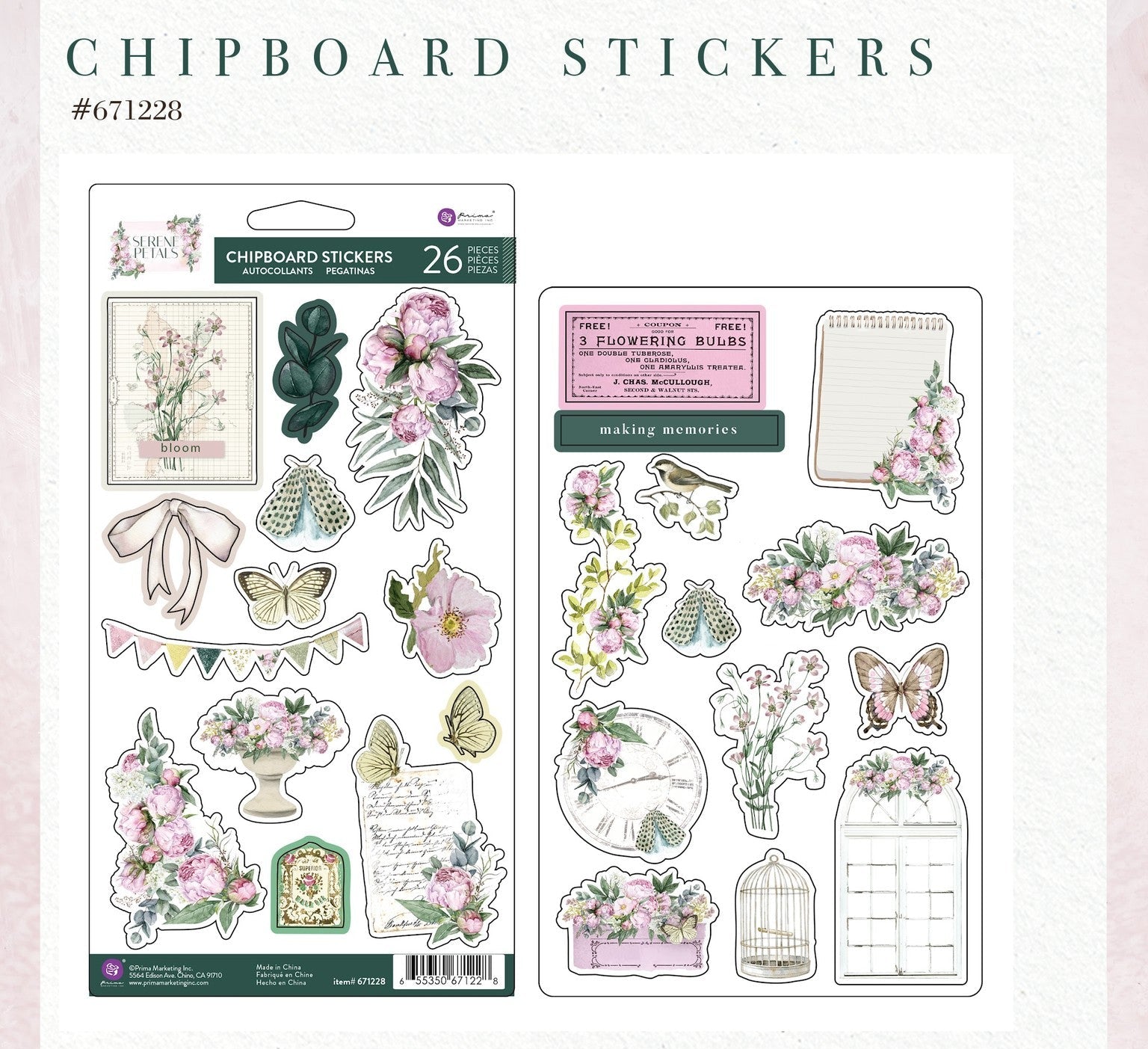 Prima SERENE PETALS Collection BLOOMING BEAUTY CHIPBOARD Stickers 15 pcs #671228