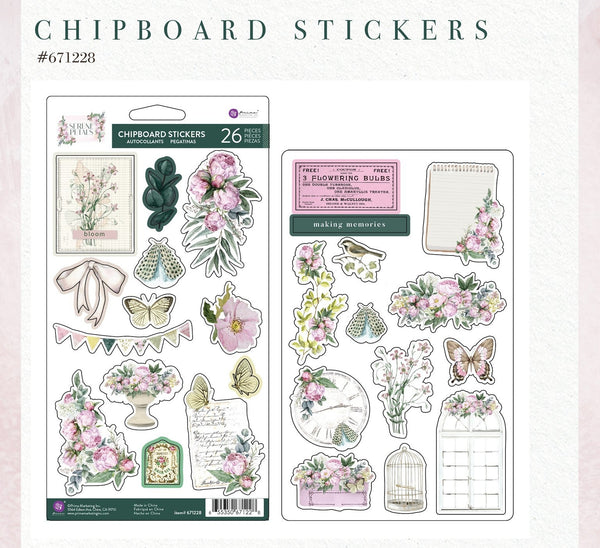Prima SERENE PETALS Collection BLOOMING BEAUTY CHIPBOARD Stickers 15 pcs #671228