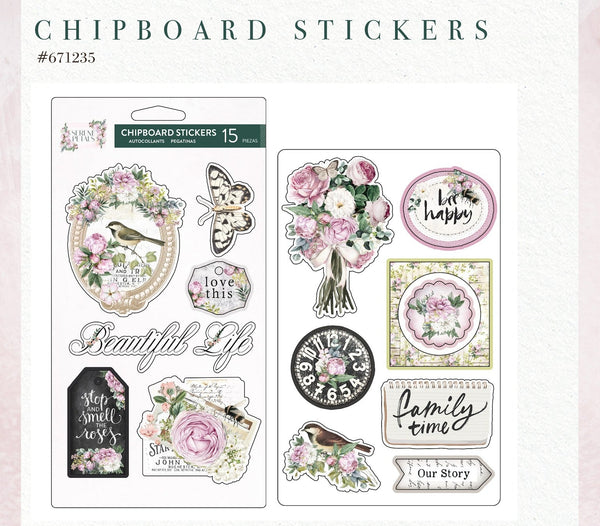 Prima SERENE PETALS Collection Garden Whispers CHIPBOARD Stickers 15 pcs #671235