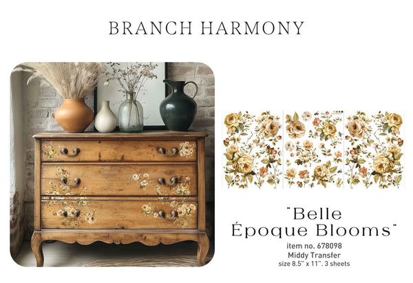 Decorative wall transfers with floral designs and a wooden dresser.