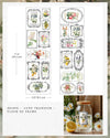 Sheet of decorative transfers with floral and botanical designs, shown with a sample application on a jar.