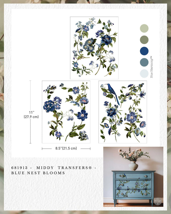 Re-design with Prima BLUE NEST BLOOMS 8.5 x 11 Middy Transfers 3 sheets #681913