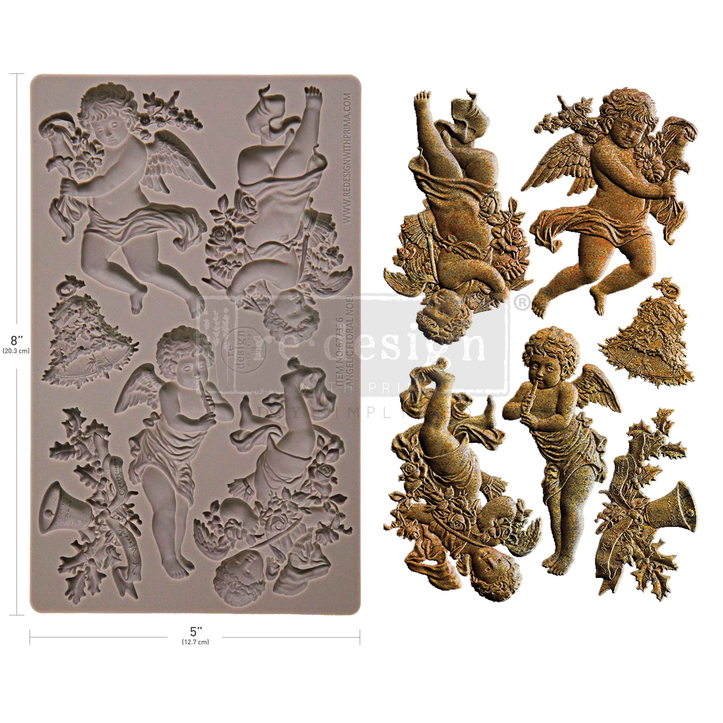 Silicone mold with angel designs and finished angel figurines on a white background