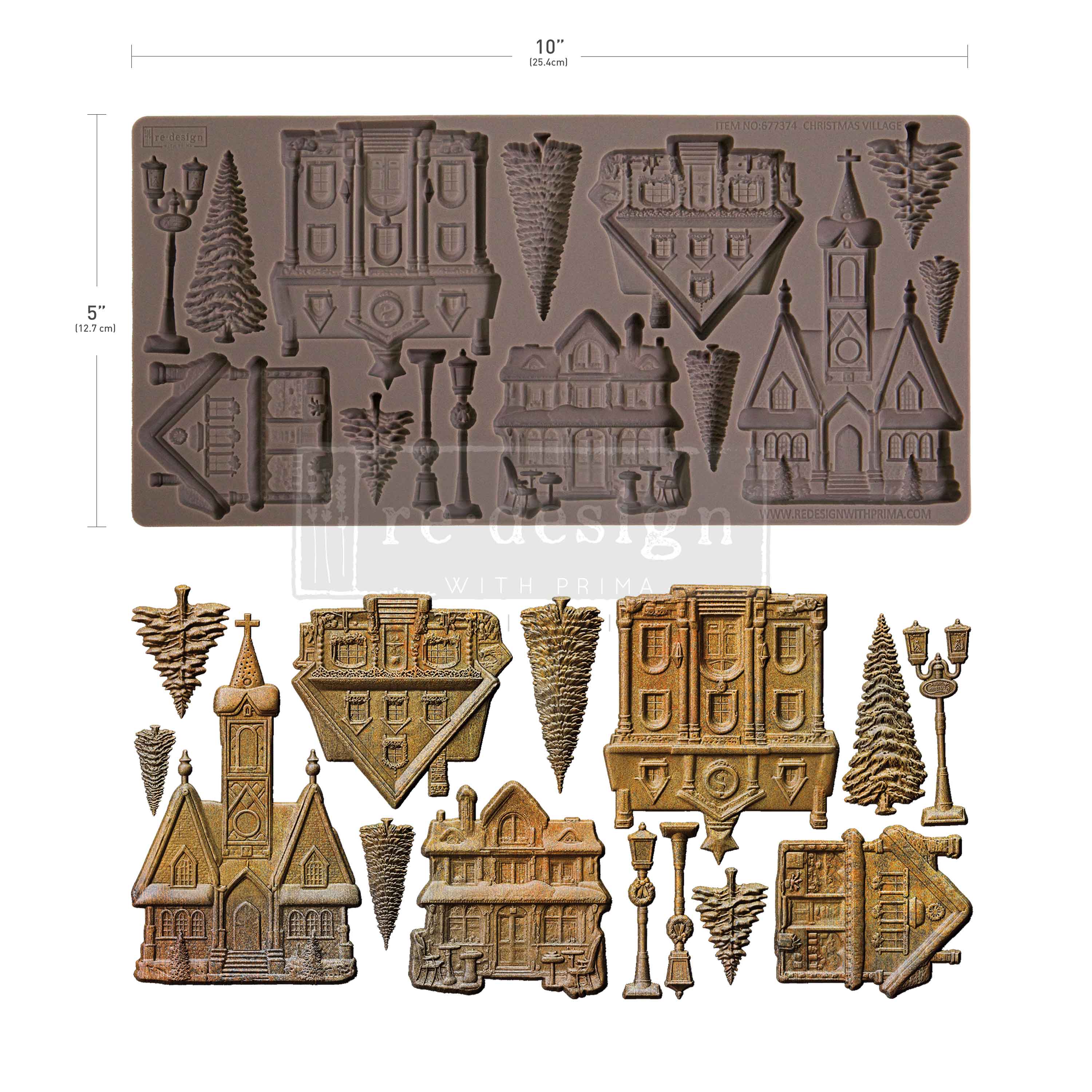 Chocolate mold with various shapes and a set of molded chocolate pieces on a white background.