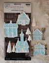 Decorative Christmas village moulds with packaging on a decorative background
