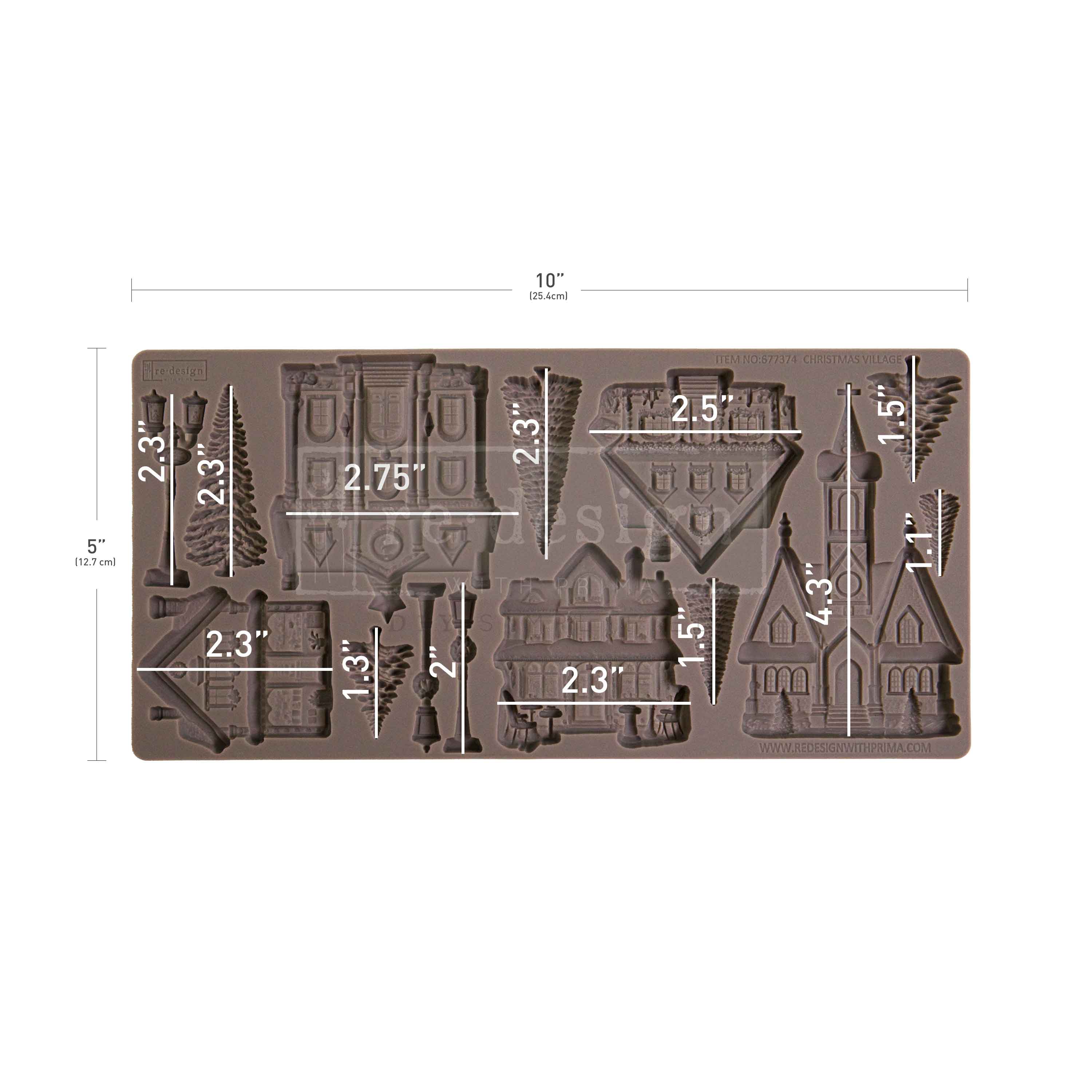 Chocolate mold with architectural shapes and measurements on a white background