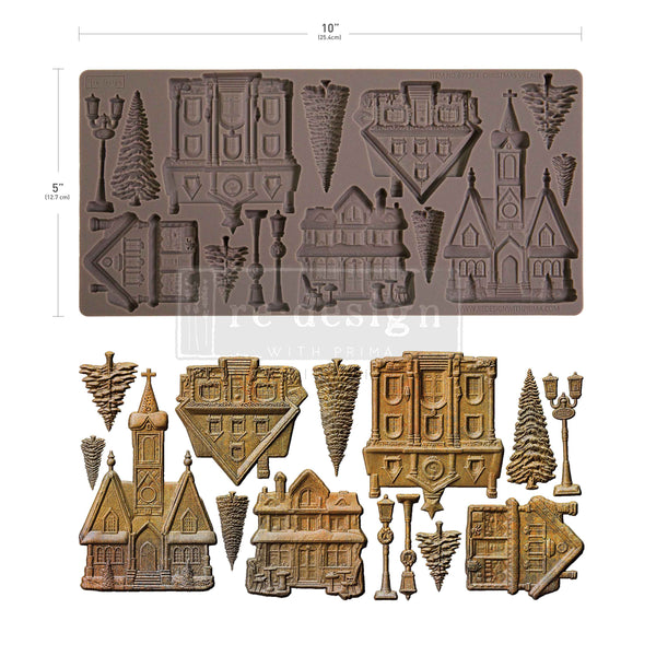 Chocolate mold with various shapes and a set of molded chocolate pieces on a white background.