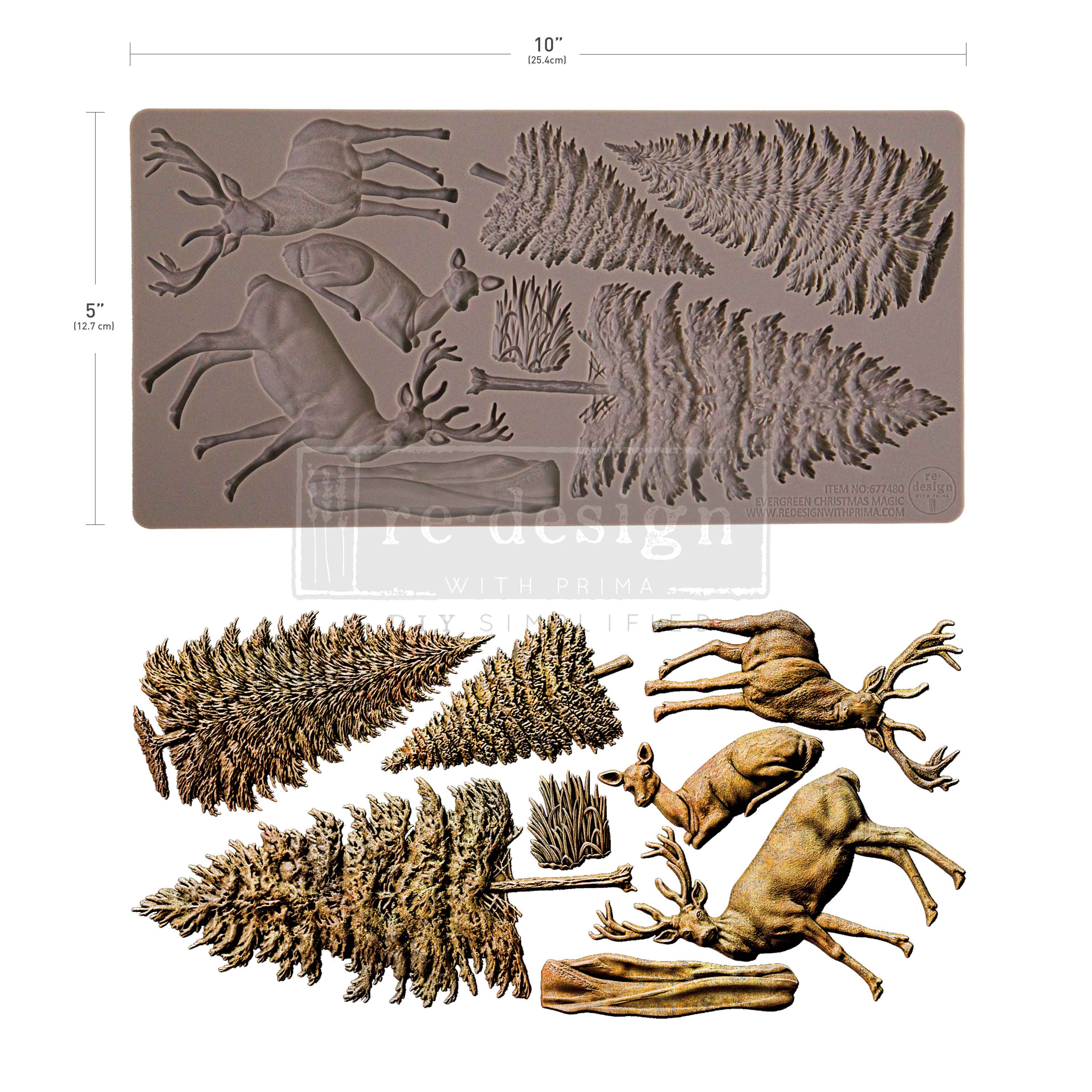 Silicone mold with deer and fern designs and a set of molded items on a white background.