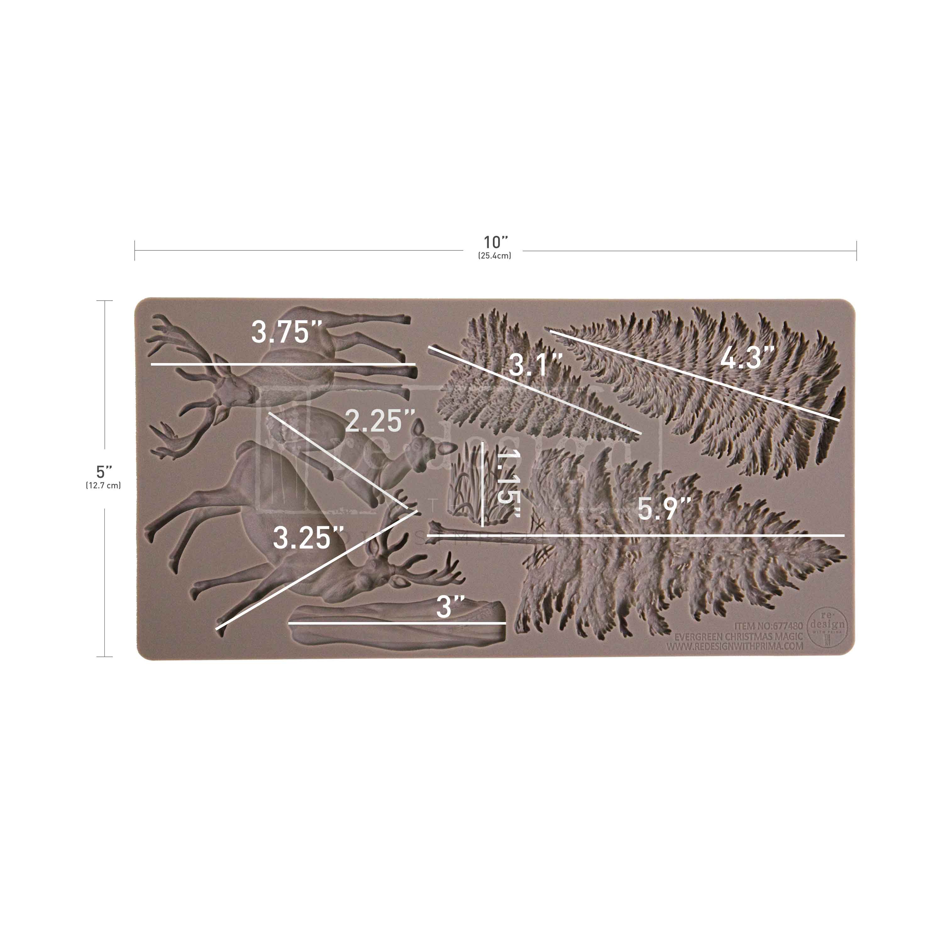 Silicone mold with deer design and measurements on a white background