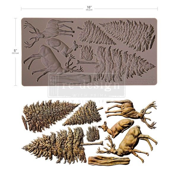 Silicone mold with deer and fern designs and a set of molded items on a white background.