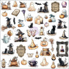 Collection of Halloween-themed ephemera featuring ghosts, pumpkins, witches, and cats on a white background.