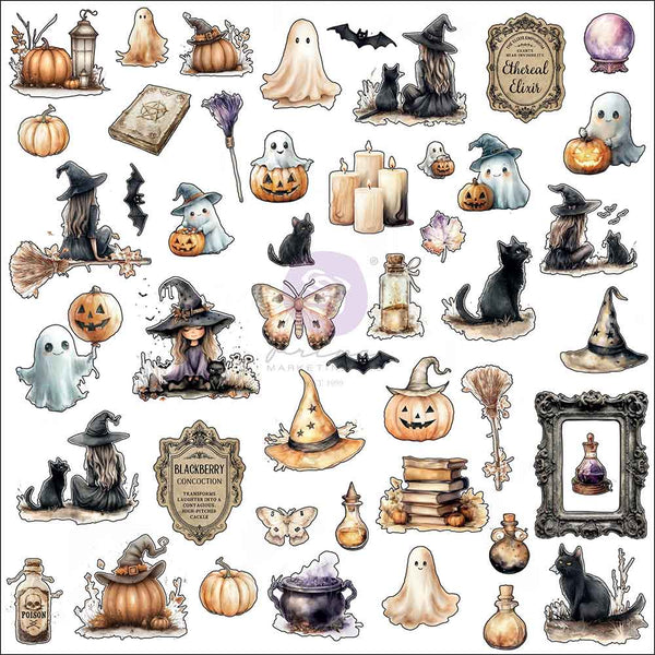 Collection of Halloween-themed ephemera featuring ghosts, pumpkins, witches, and cats on a white background.