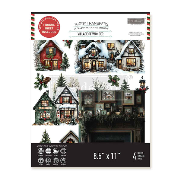Packaging of Middy Transfers Village of Wonder design with Christmas village scene illustrations.